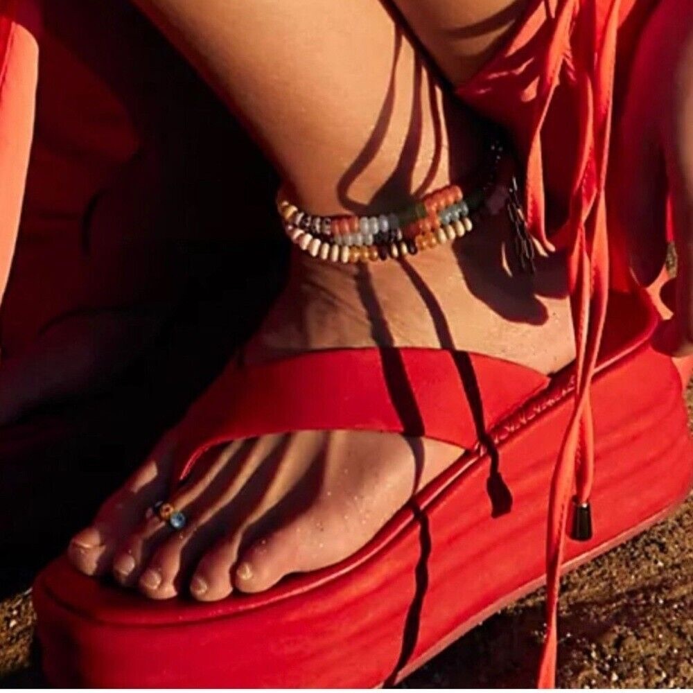 Never New in box a..Free People Thong Leather Sandals Flame Red Chunky Wedge